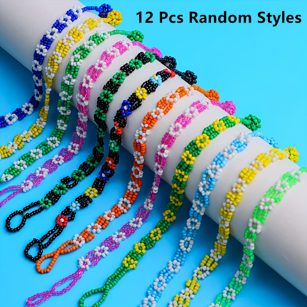 Image of 12 Bohemian Style Colorful Flower Bead Bracelets For Women, Casual Daily Wear Or Party Accessory, Random Shipping For Gift