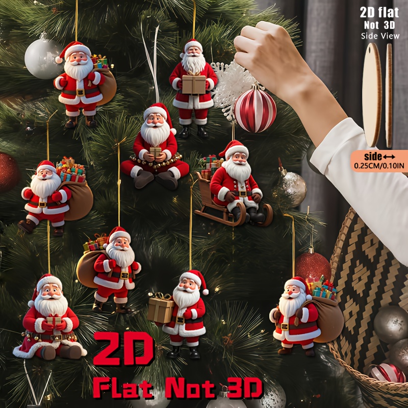 2D Flat, 2D Flat 9pcs Set of Kind and Jolly Santa Claus Series Retro Wooden Hanging Ornaments - Christmas Tree Decorations, No Wiring Needed for Home Doors/Windows Fireplace Branches Party Gifts, 2D Flat