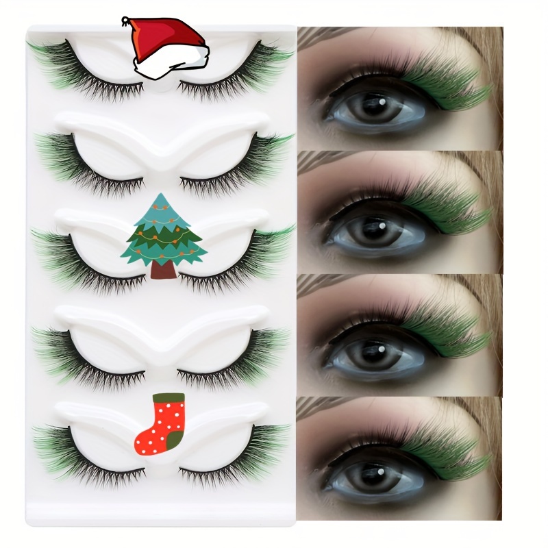 

5 Pairs Christmas Themed 3d Mink Eyelashes Set, 0.07mm Thickness, 16-18mm Length, C , Doll, Cat Eye, Fluffy & Styles, Reusable, Colored, Holiday Parties & Stage Makeup