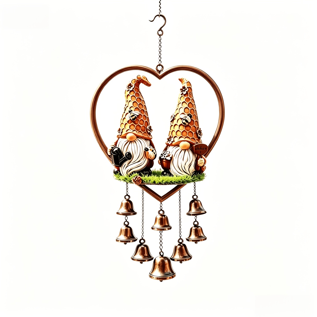 TEMU 1pc Heart-shaped Couple Gnome Wind Chime, Honeycomb Pattern Gnome Hanging Bell Ornament, Vintage Red Copper Outdoor Courtyard Decoration, Metal