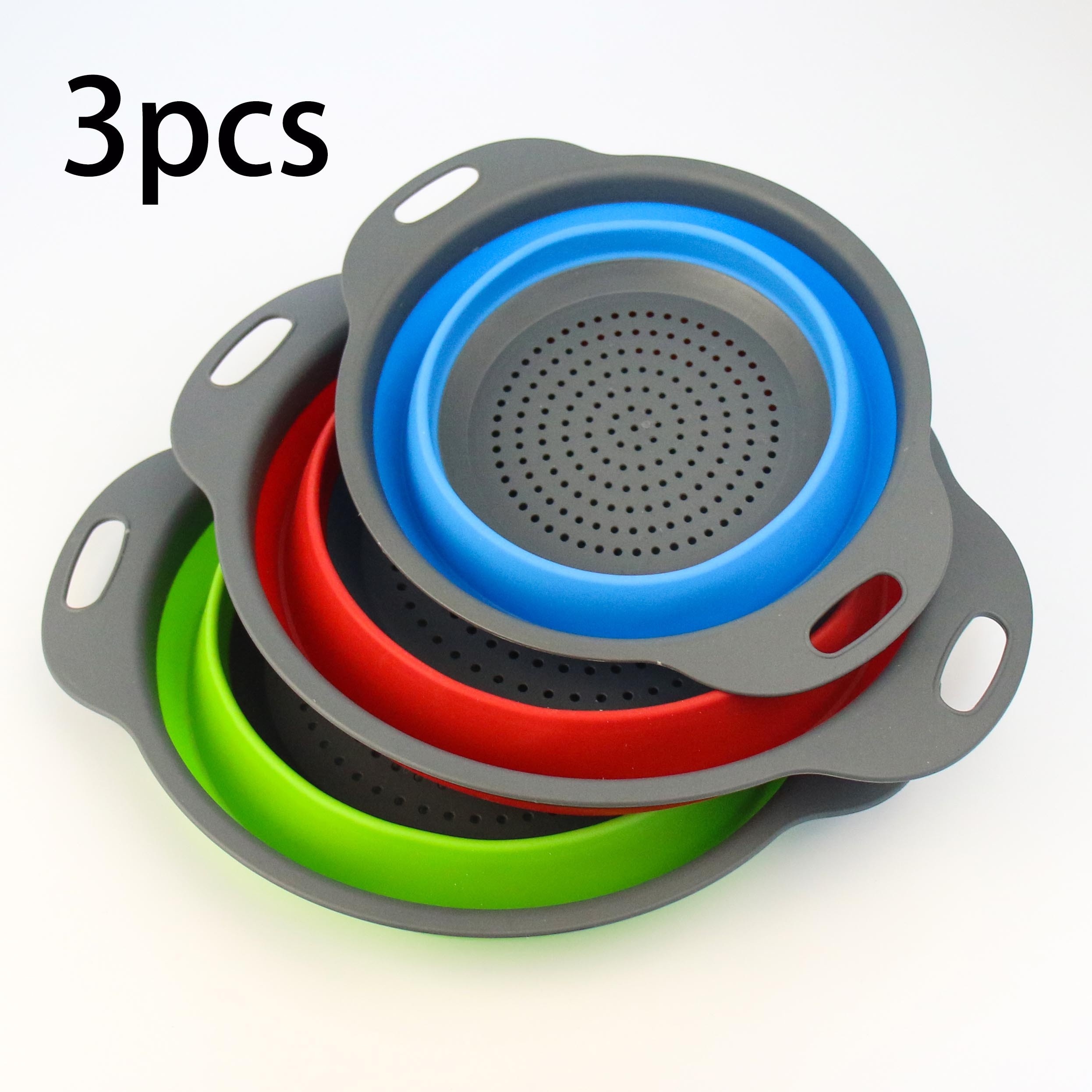 3pcs Foldable Colander Set, Stackable Kitchen Strainer, Space- Collapsible Drainer For Washing Fruits And Vegetables, Easy-to-clean Household Draining Basket. , Red, And Blue (2 Large And 1 Small)