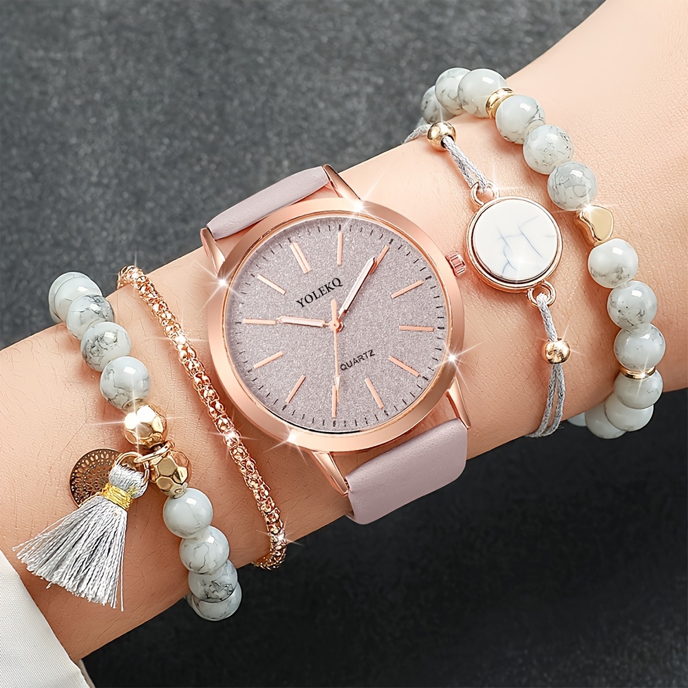 

5pcs Quartz Watches For Women Pu Leather Wrist Watch Alloy Pointer Jewelry Set Great Gift For Her Mom Girlfriend