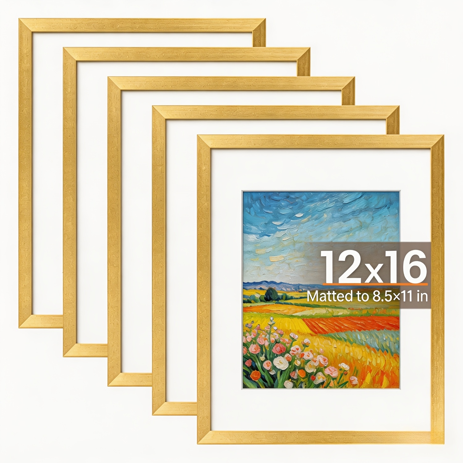 TEMU 12x16 Picture Frame Set Of 5, Display Pictures 8.5x11 With Mat Or 12x16 Without Mat, Wall Gallery Photo Frames, 8×12/12×16 Inch, Golden