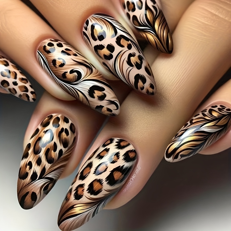 

Monina 24pcs Long -shaped Press-on Nails Set, Leopard Print & Colorblock Design, , Brown Tones, Fashionable Autumn/winter Fake Nail Kit