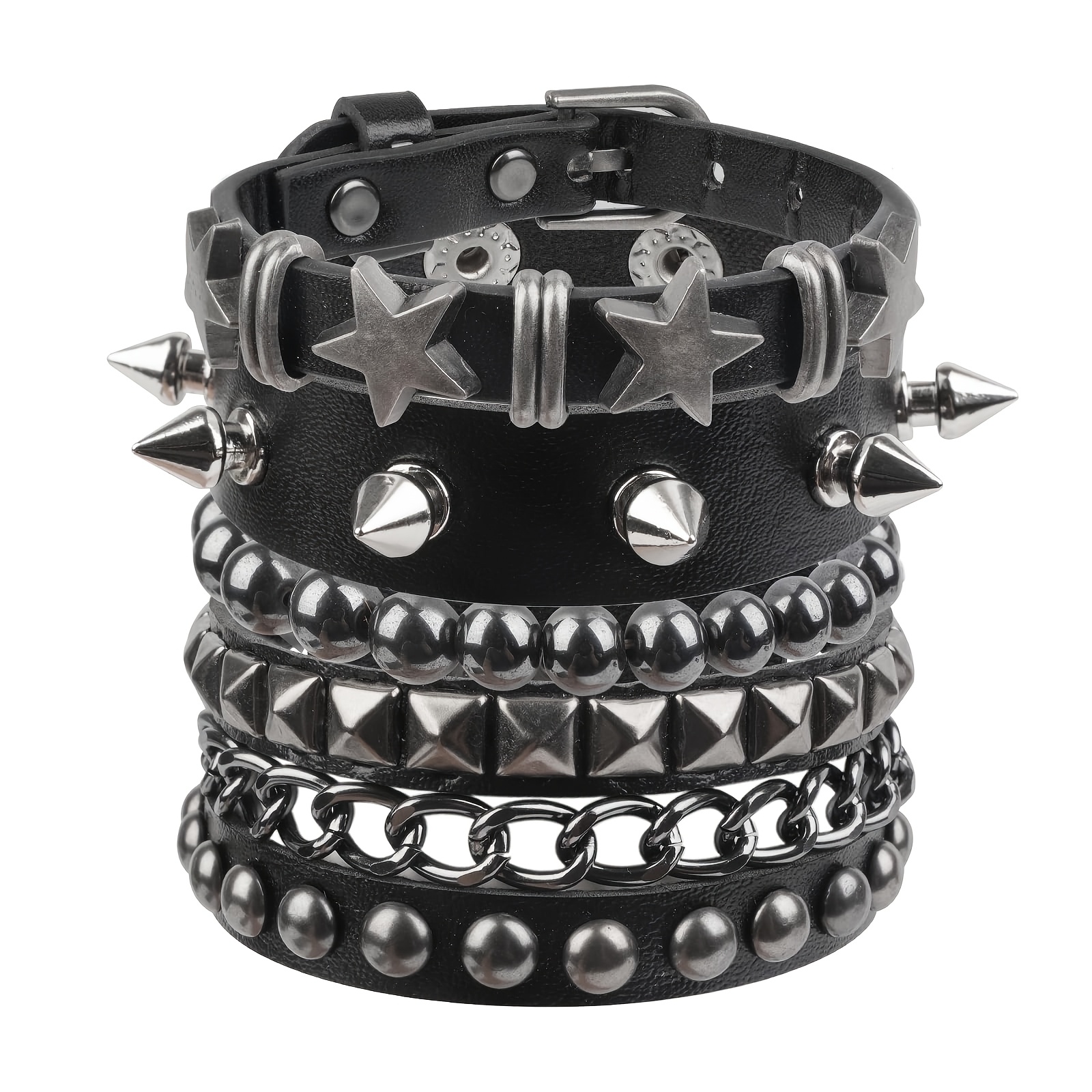 TEMU Ensemble de 4 bracelets style punk en PU avec rivets d' à branches, cadeau pour petit ami, vêtements d'extérieur, accessoires de bijoux de Noël,