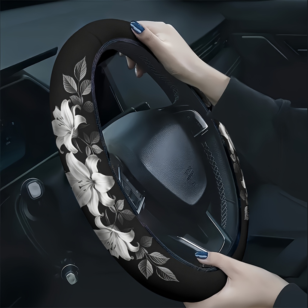 TEMU 1pc Housse de volant de voiture à motif floral , doux et respirant, réduisant la fatigue des mains, convient à toutes , accessoire intérieur de