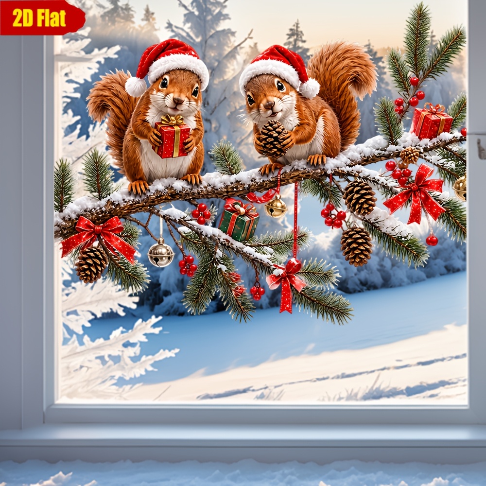 TEMU 1pc 2d Snowy Scene Red-hatted Squirrel Pine Branch Berries Glass Sticker, Sunscreen Non-fading, Living Room Bay Window B&b Christmas Scene
