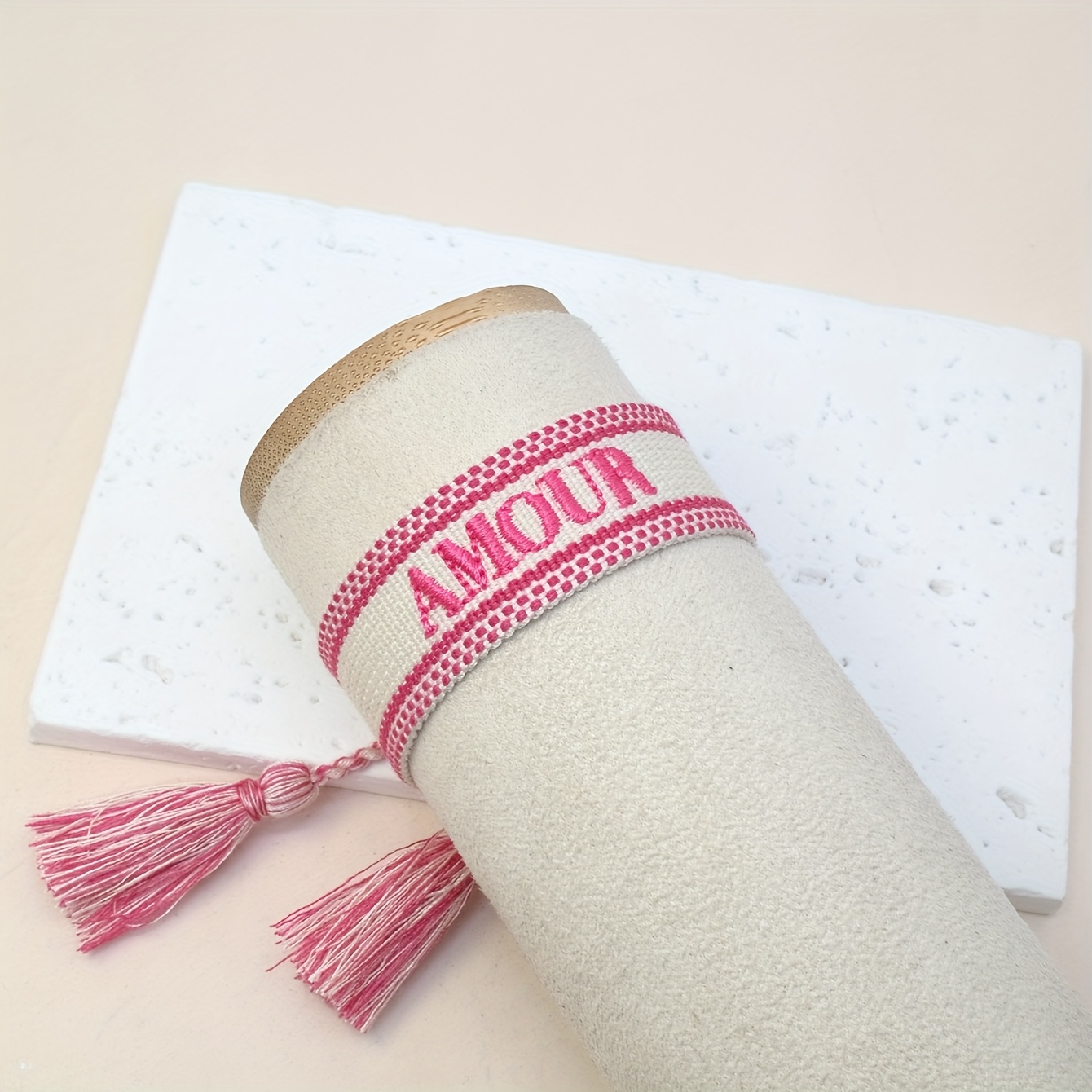 Handcrafted Vintage-Style Bracelet with Embroidered 'AMOUR'