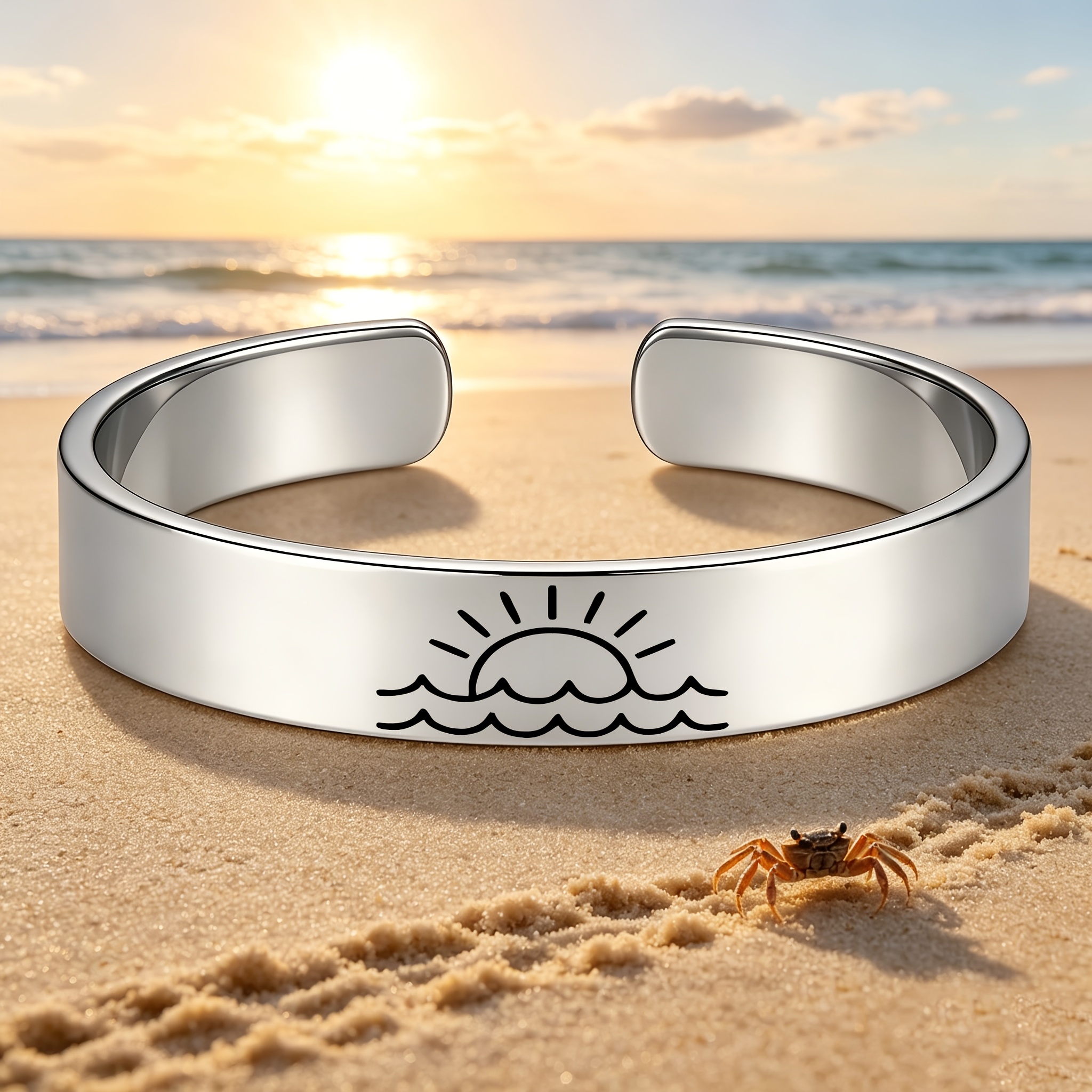 Sunrise Sea Wave Design 304 Stainless Steel Open Bracelet