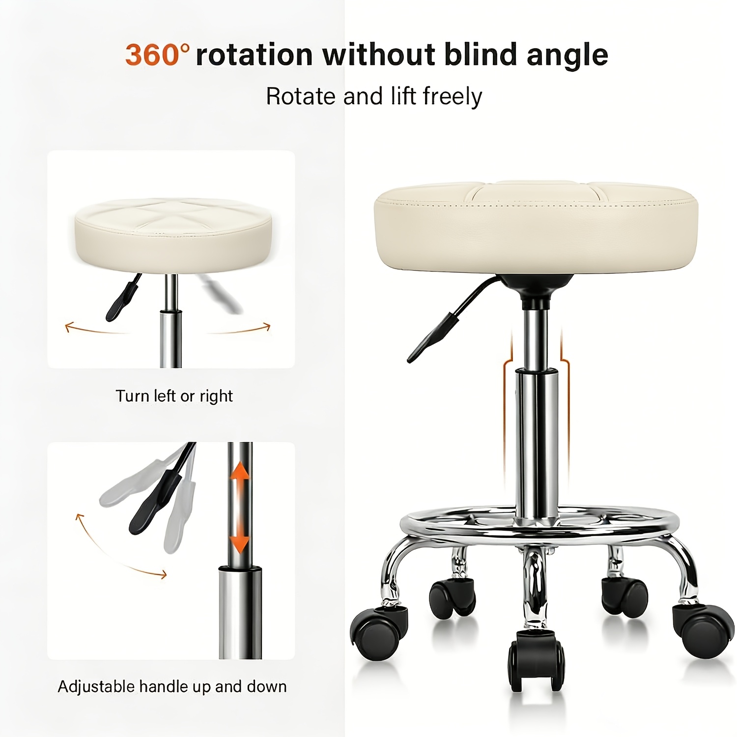 Beige Work Stool With Adjustable Height And Swivel Feature | Comfortable Cushion + Height Adjustment | 360° Rotation With No Blind Spots | Cushion Width Of 35cm | Ideal For Bar Counters