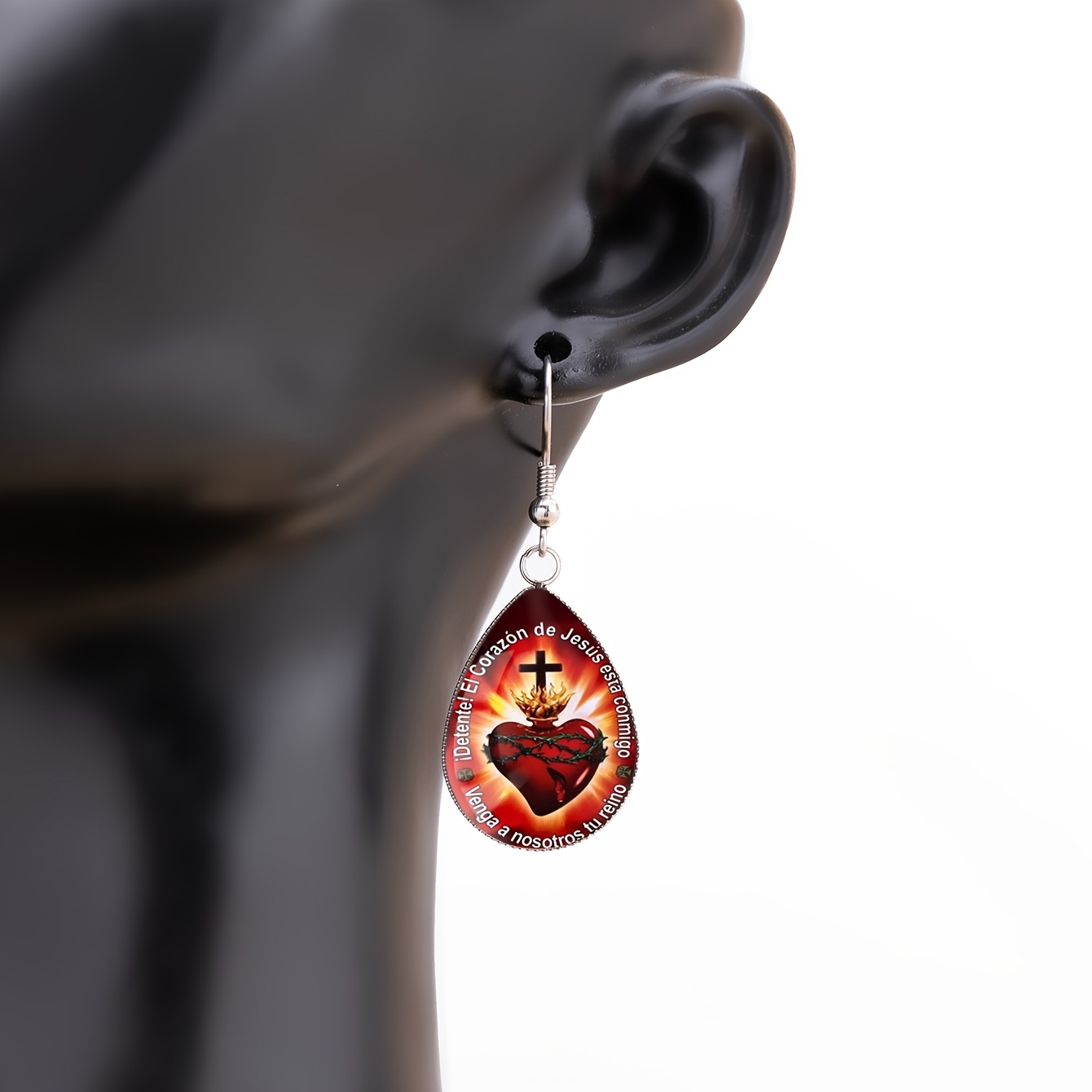 Red Base Sacred Heart Cross Pattern Water Drop Earrings