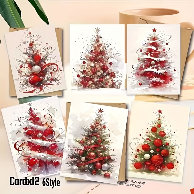 TEMU 24 Cartes de Sapin de Noël avec Enveloppes, 12 Lots de Cartes de Vœux - Motif de Fêtes de Noël, 6 Styles de de Noël Rouges, Cartes Intérieures