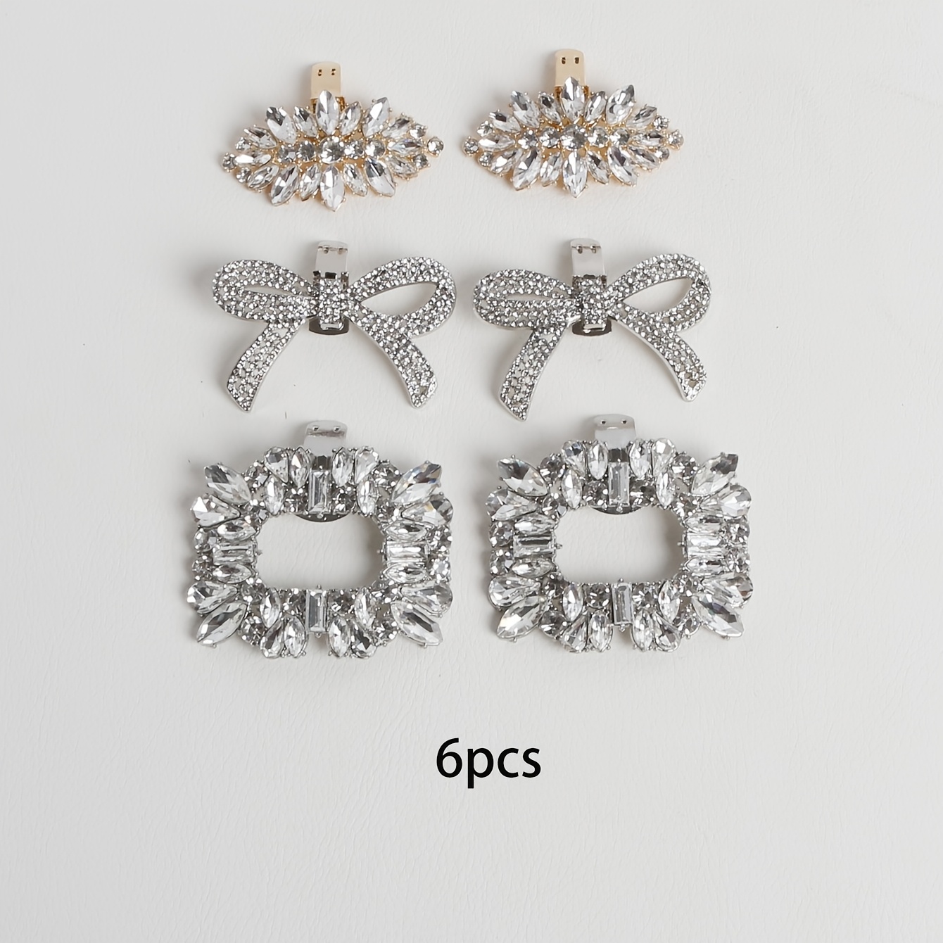 TEMU 6pcs Exquisite Popular White Artificial Crystal Rhinestone Square Bow Alloy Shoe Clips Detachable High-heeled Shoe Buckles Sneakers Shoe Flowers