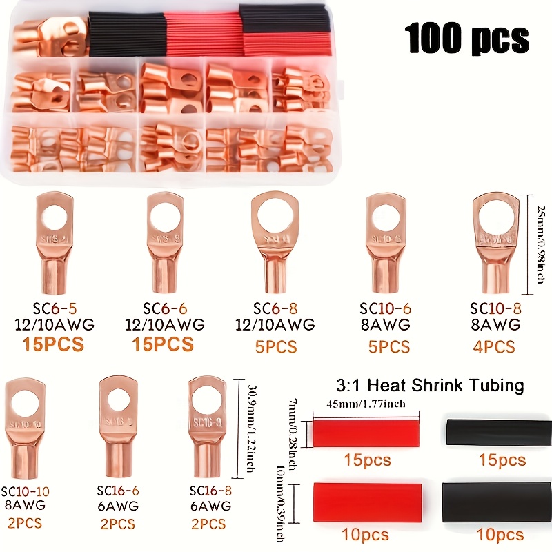 TEMU 100pcs Copper Wire Lug Connectors Kit, Cable Electrical Crimp Terminal Connectors, Heavy-duty Open Crimp Ring Connectors For Secure Wire
