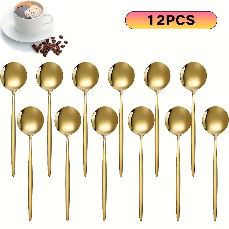 6/12pcs Golden Stainless Steel Spoons, Dessert Spoons, Coffee Spoons, Tea Spoons, Small Mini Coffee Spoons For Home Kitchen Or Restaurant, Dishwasher Safe