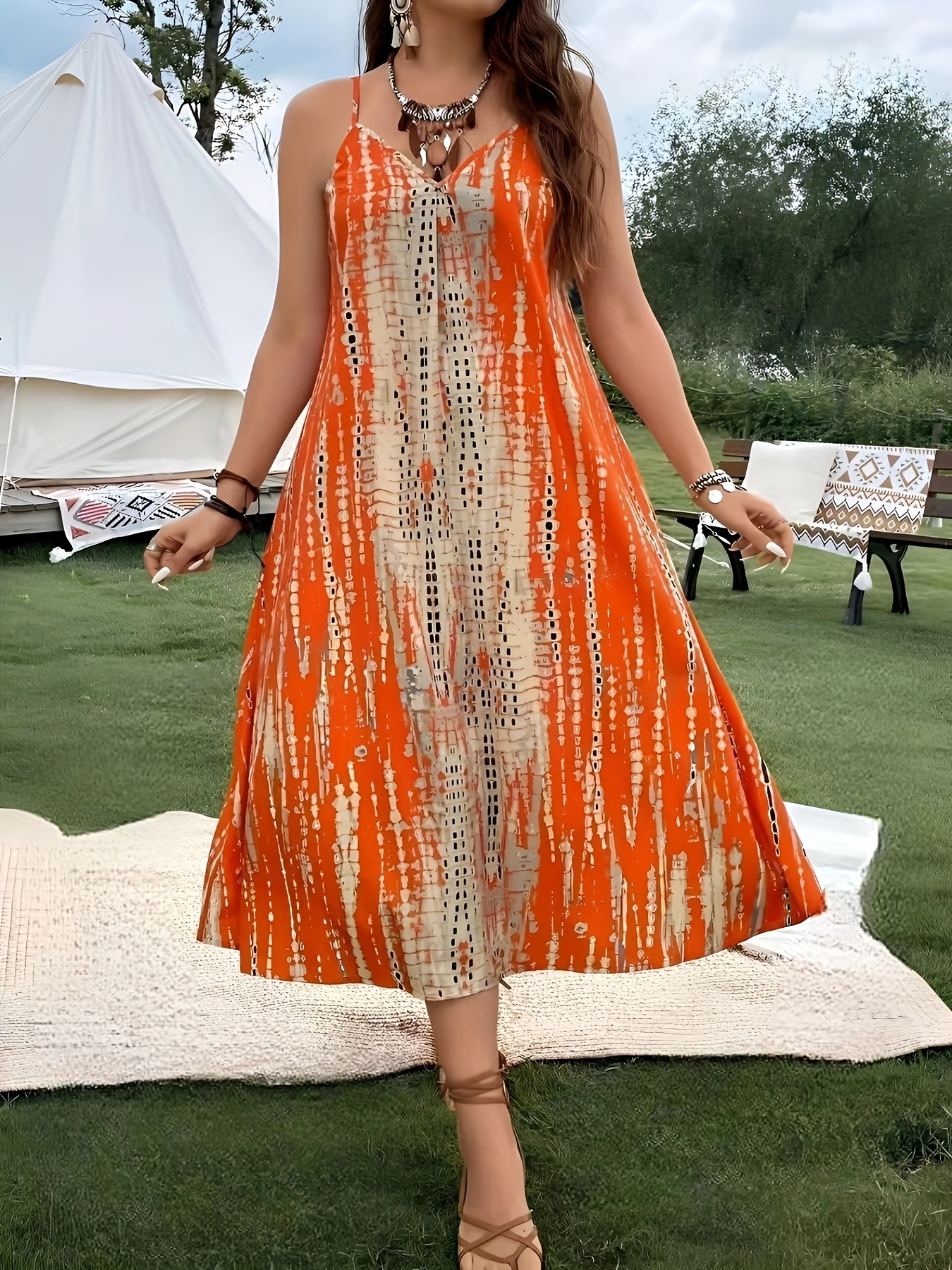 Plus Size Tie Dye Print Cami Dress, Vacation V Neck Sleeveless Dress For  Spring Summer, Women's Plus Size Clothing