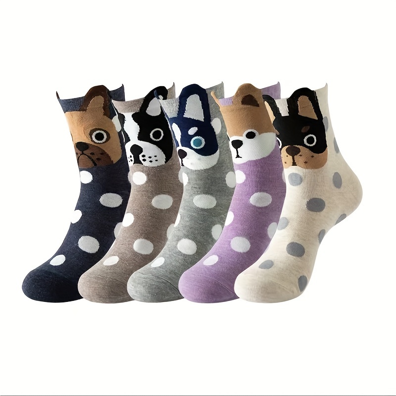 Image of 5 Pairs Cute Cartoon Polka Dot Dog 3d Ears Mid-calf Couple Socks, Cozy