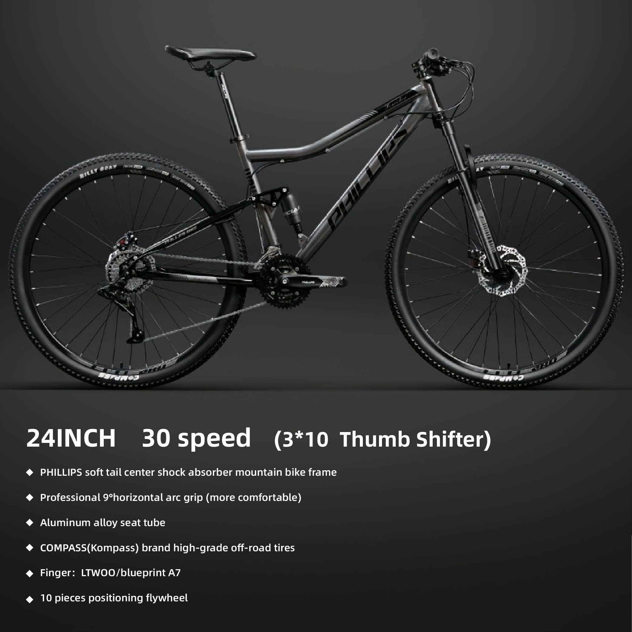 Bicicleta de montaña PHILLIPS con amortiguadores duales de disco  delanteros y traseros, velocidad variable para ir al Bi