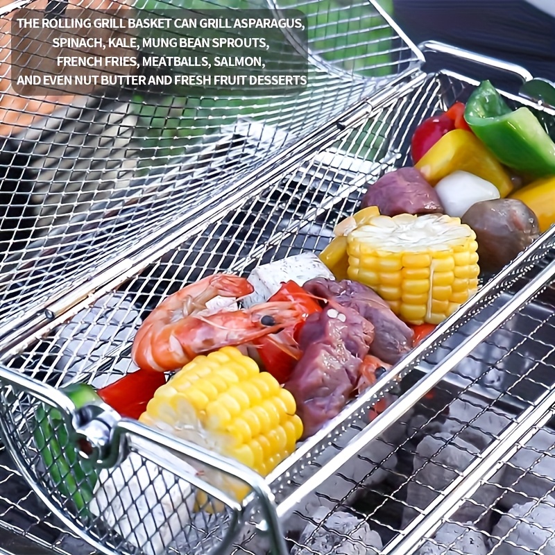 

1pc Stainless Steel Rolling Grill Basket, Bbq Turner, Rotisserie Barbecue Rack, With Wooden Handle For Grilling , Vegetables, Seafood, And Desserts, For Outdoor Camping And Backyard Cooking