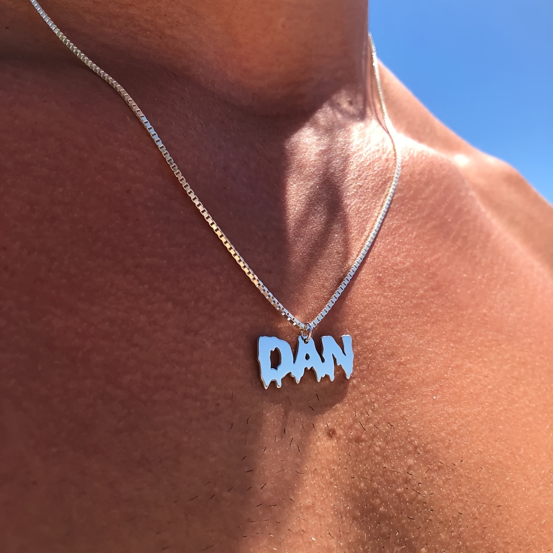 TEMU Chain Melted Name Necklace, Personalized Stylish Men's Nameplate Pendant Necklace, 304 Stainless Steel Number Necklace, Gift For Boyfriend