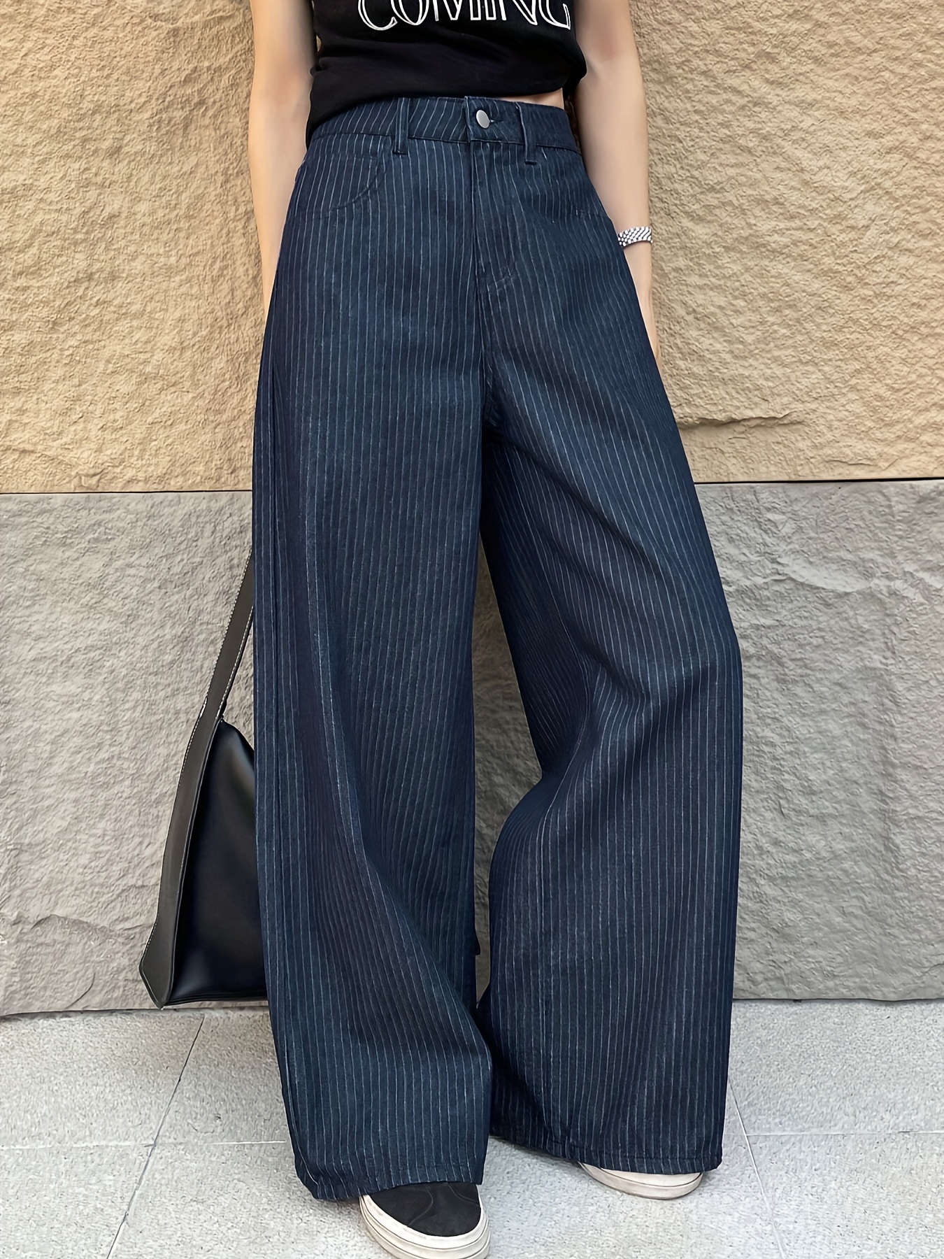 Navy Wide-Legged High Waist PinStripped