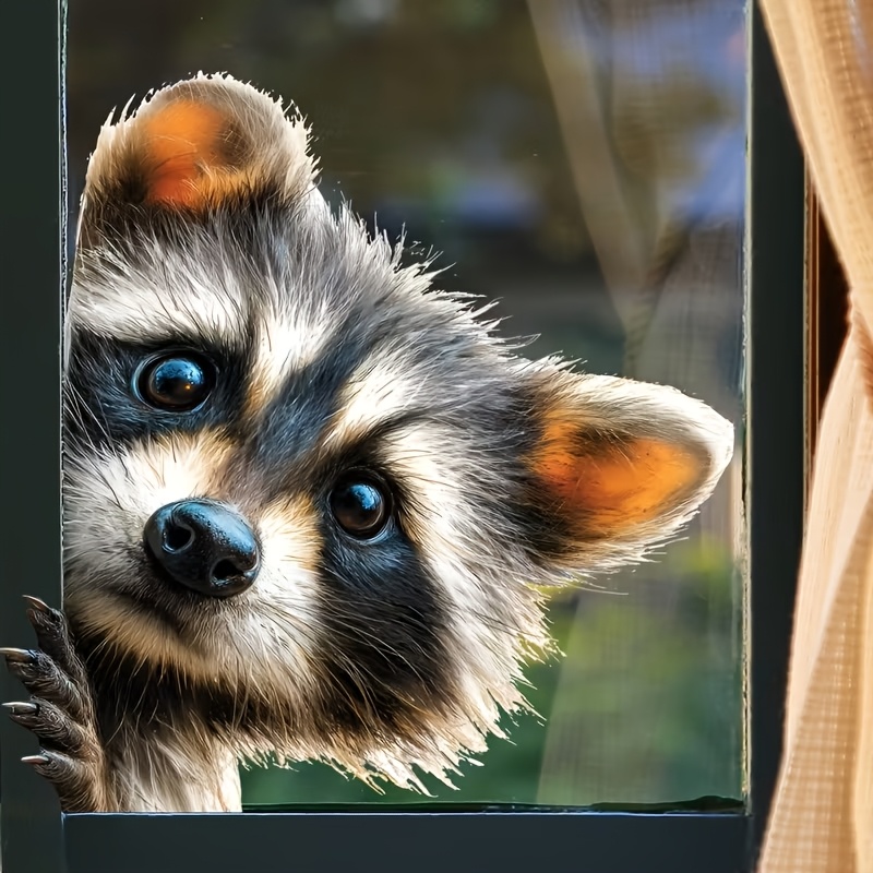 Image of 1pc Raccoon Peeking Window Decal - Static Cling Suitable For Home, Suitable For Glass Doors &, Vinyl Sticker With Raccoon Face, Easy & Stick Application, Removable Animal Decor For Modern Glass Panels