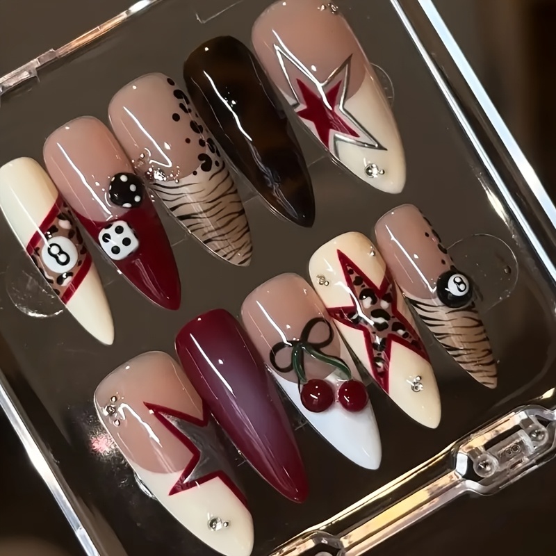 Image of 10pcs Pack Traditional Handmade Longalmond-shaped Art Sweet Cherry Cute Starry Shimmering Rhinestone Mysterious Trendy Suitable For All Women And Daily Wear