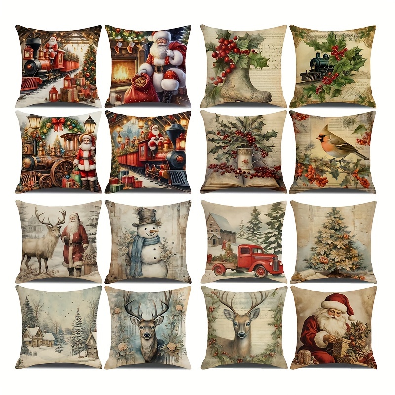 

4pcs Linen Christmas Santa Claus Snowman Single Sided Printed Pillowcase For Home Outdoor Sofa Decoration Pillow Insert Not Included