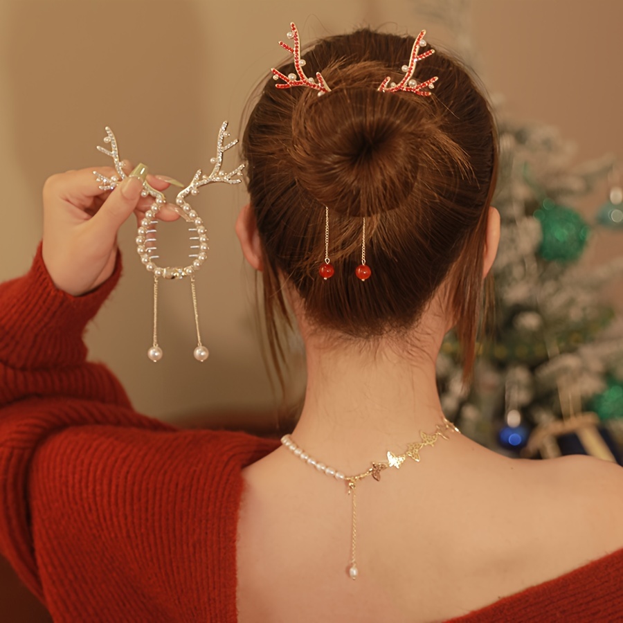 

Christmas Antlers Hair Clip With Pearls And Tassel - Alloy Round Hair Accessory For Festive Hairstyles, Single Piece