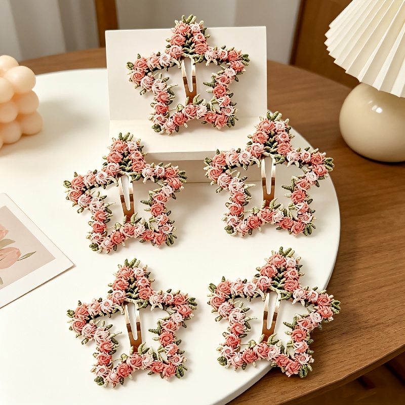 TEMU Set da 5 fermacapelli a maglia con rosa e stella, stile francese ed elegante, fermagli per con tridimensionale, per appuntamenti quotidiani,