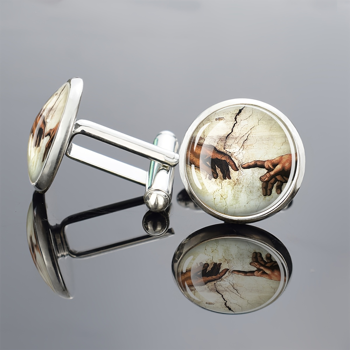 TEMU 1 Pair Men's Creation Of Adam Cufflinks - Glass Inlay Biblical Art Suitable For Formal Wear, Wedding, Prom, Business - Elegant Dress Gift For