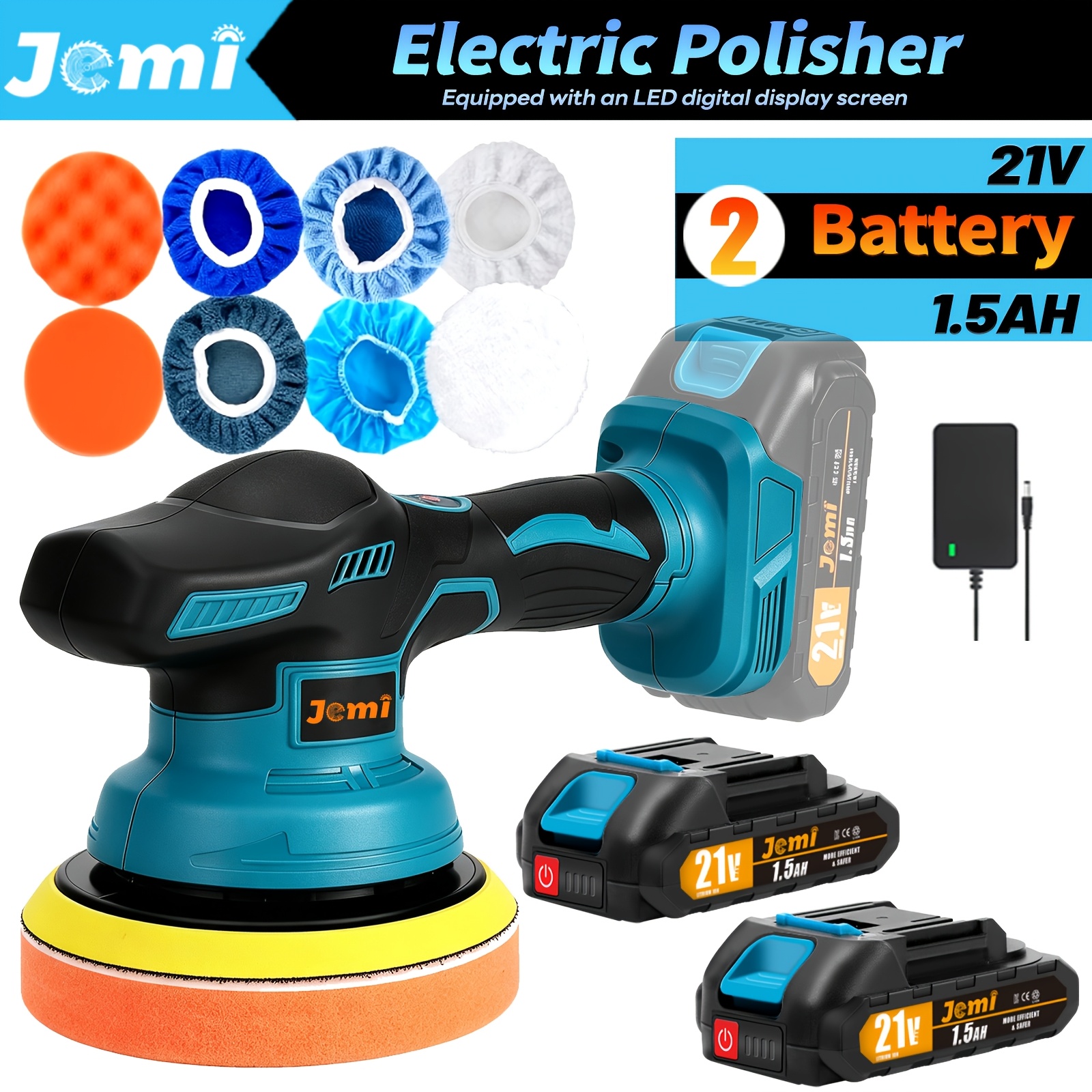 Image of Jemi Tool 6-inch Cordless Buffer Polisher, 1/2 1500mah Battery ( 6200 Rpm), Pure Copper Motor, 9mm Random Orbital Polisher For Car And Boat Detailing, Sanding And Polishing