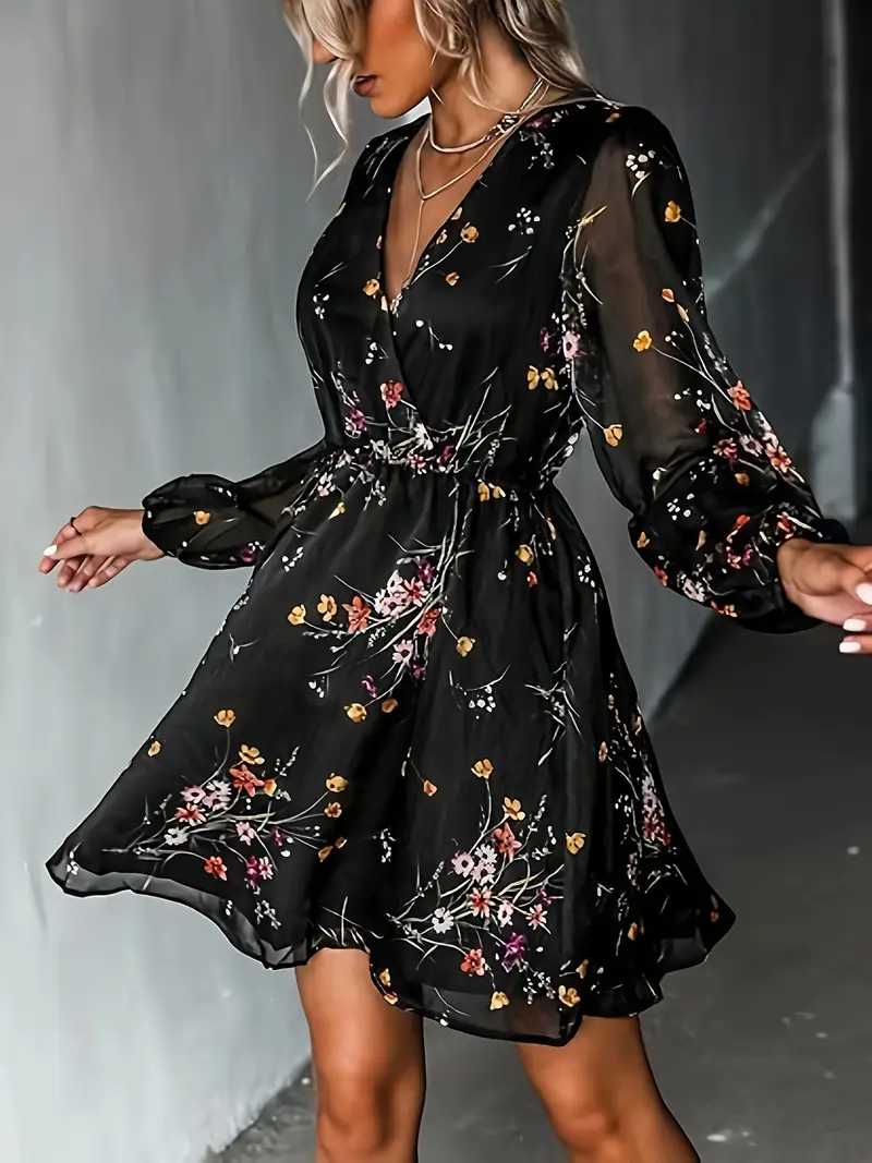 πλαϊσμένο - ρόμπα με φυτικά σχέδια για γυναίκες - v-μανίκια, μακρύς, με στενό τσεκάκι, ρούχο με φουσκωτό φουσκωτό, ιδανικό για την άνοιξη/το καλοκαίρι, στυλ για την καθημερινή ζωή|ρόμπα με φυτικά σχέδια|χιφόν υλικό Στοιχεία είδους 11