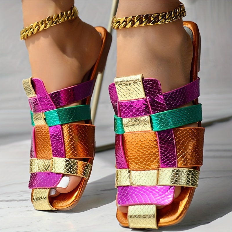 women s colorful woven slide sandals flat summer slides details 3