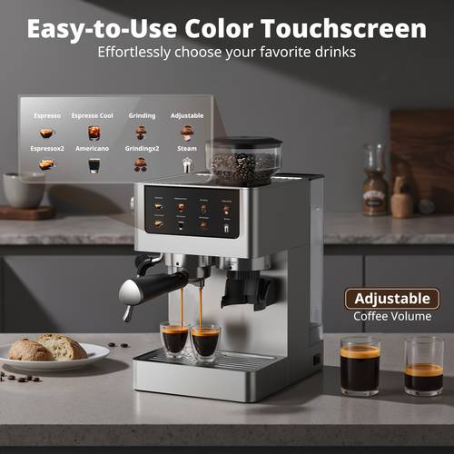 all in one espresso machine 20 bar maker with adjustable grinder dual boiler steam wand and lcd ideal for latte cappuccino iced coffee americano and espresso