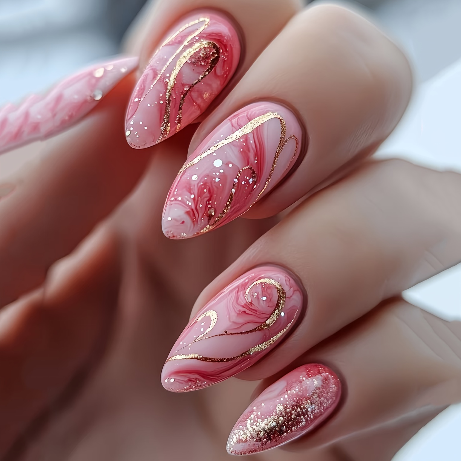 24pcs Of Almond-shaped Elegant Glossy Ombre Red Marble Pattern With Removable Press-on Fake Nails