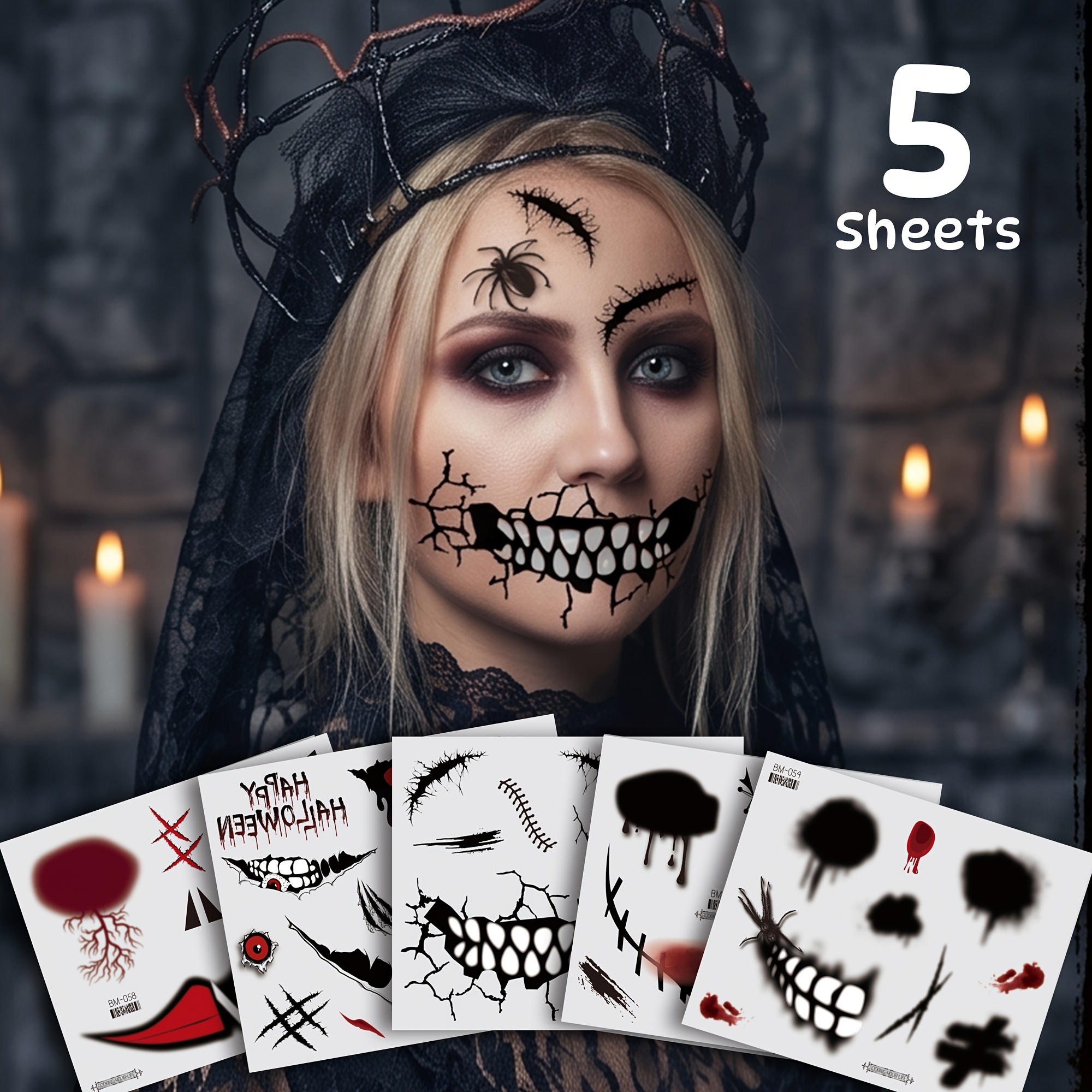 5pcs Halloween Scary Skull Clown Face Stickers, Temporary Tattoos