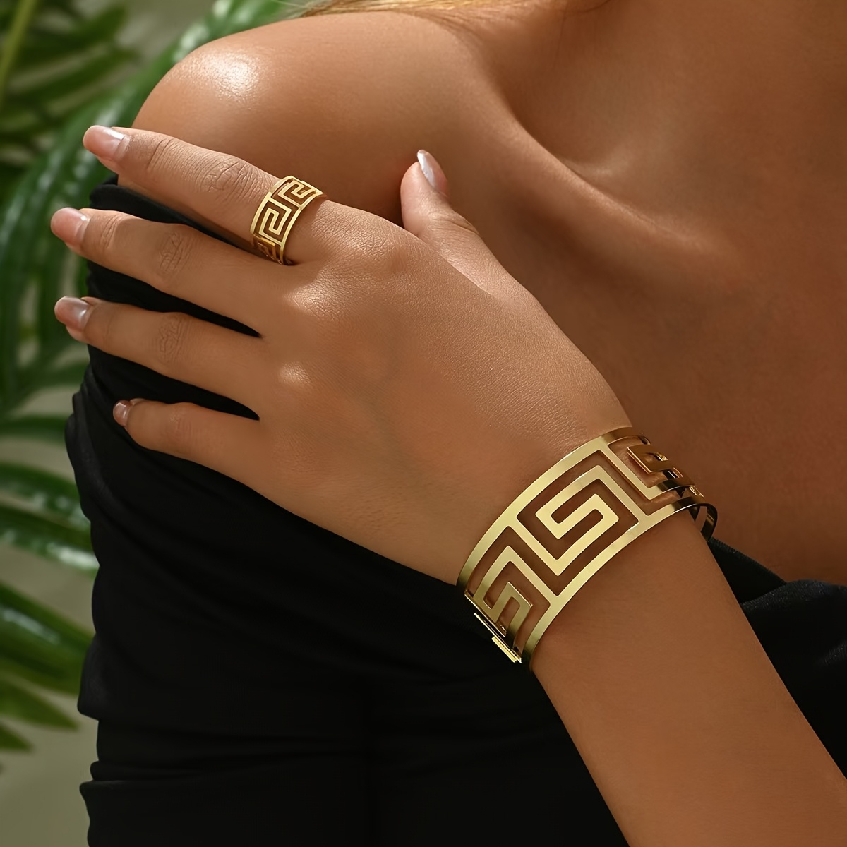 item picture a set of   womens geometric cut out glossy bracelet and ring set in   for casual attire