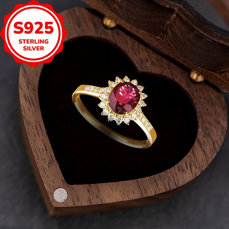 Women's 925 Silver Vintage Ring with Pigeon Blood Red Center Stone
