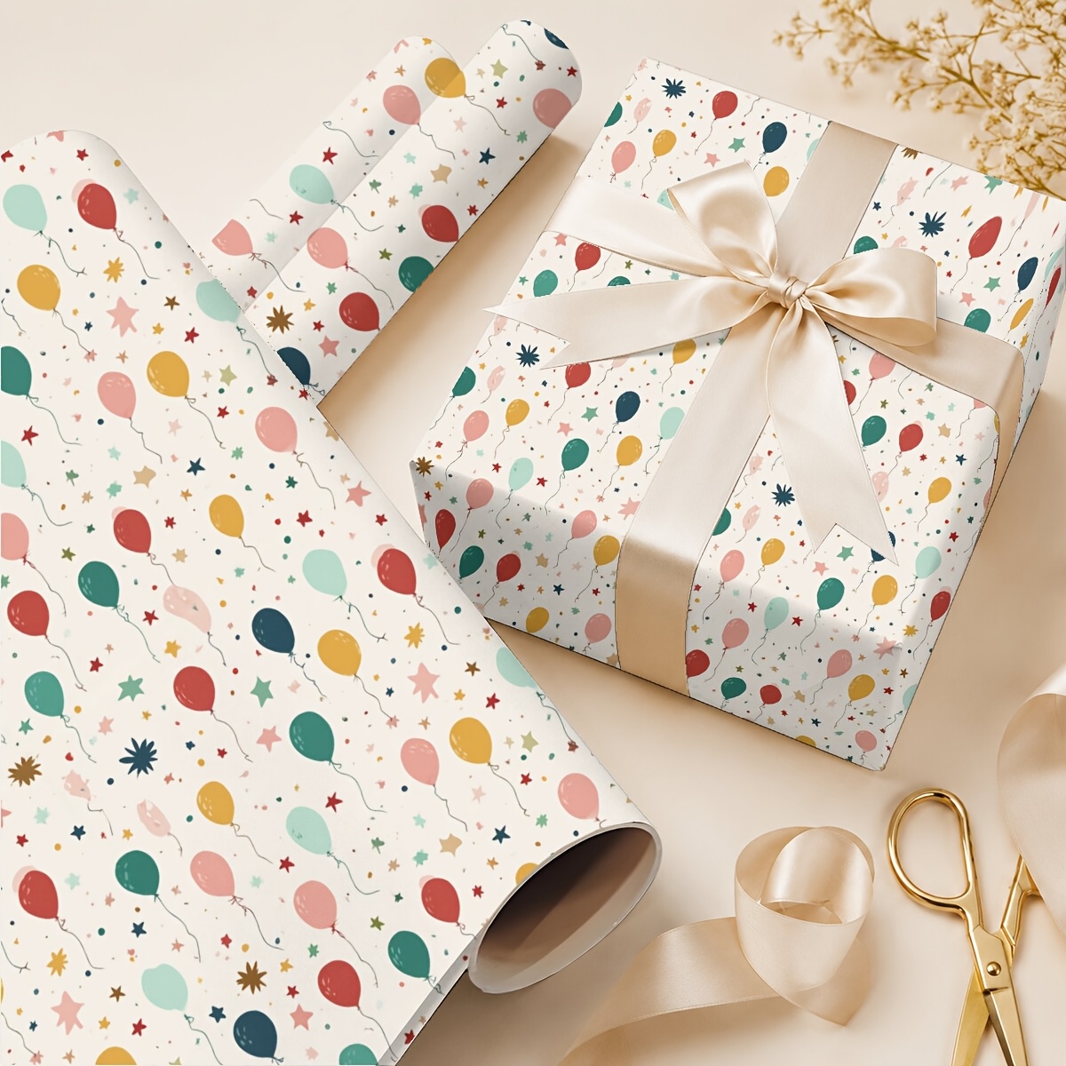 TEMU Extra Long Gift Wrap Paper Roll 19.69in X 118.11in Colorful Balloons Stars Pattern Wrapping Paper Birthdays Weddings Valentine's Day And