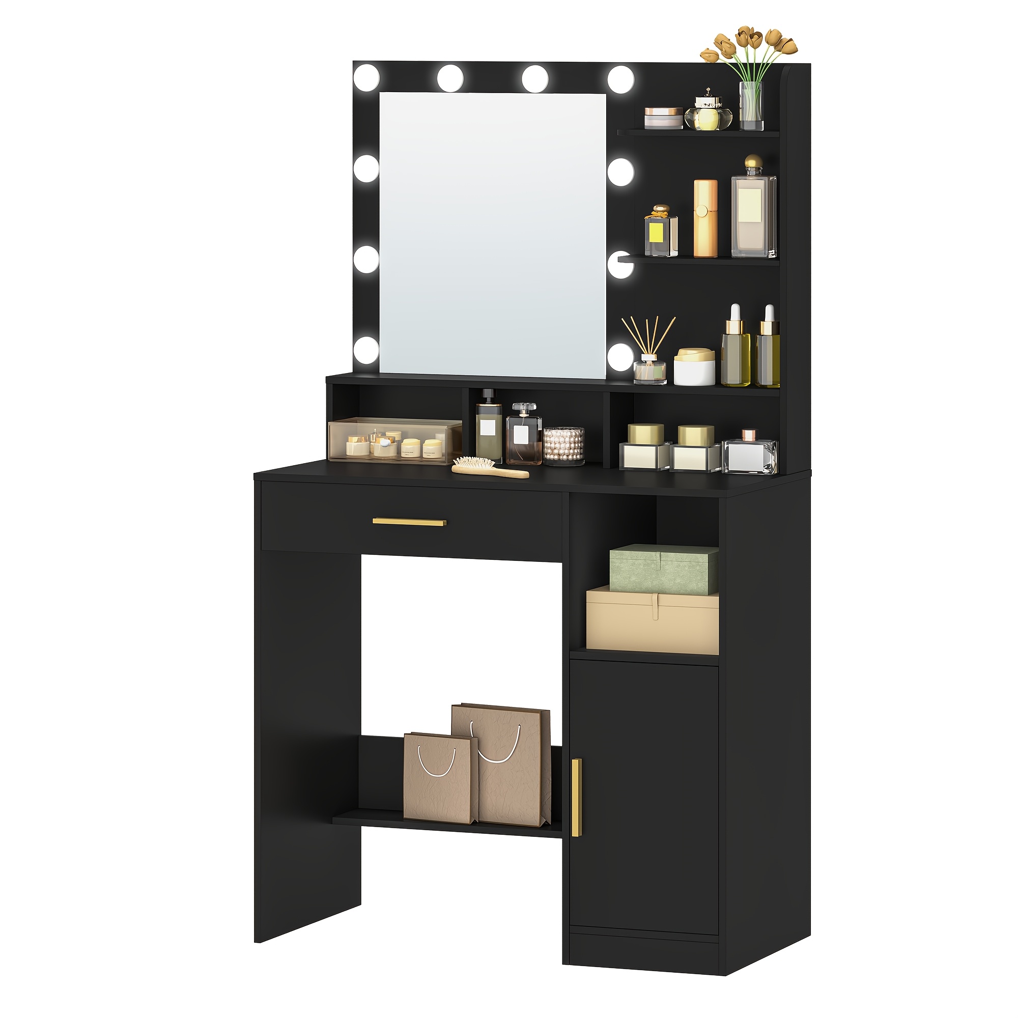 dressing table with mirror and 10 led lights dressing table with 3 shelves 4 open compartments dressing table with large drawer cupboard 3 adjustable lighting levels white  