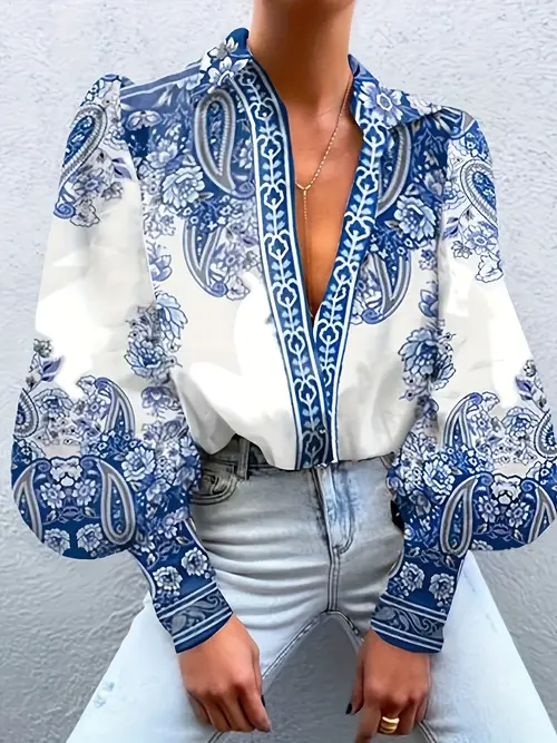womens printed long lantern sleeve lapel shirt elegant v neck casual office shirt top