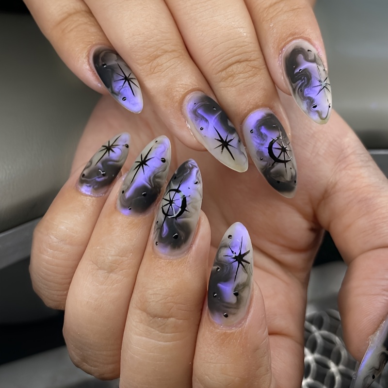 24pcs/set Medium Length Almond Shape Sweet Cool Ombre Star Pattern Nail Stickers, Fashion Easy Style - Durable Reusable Design, Artificial Nails, Includes 1pc Jelly Self-adhesive And 1pc Nail File