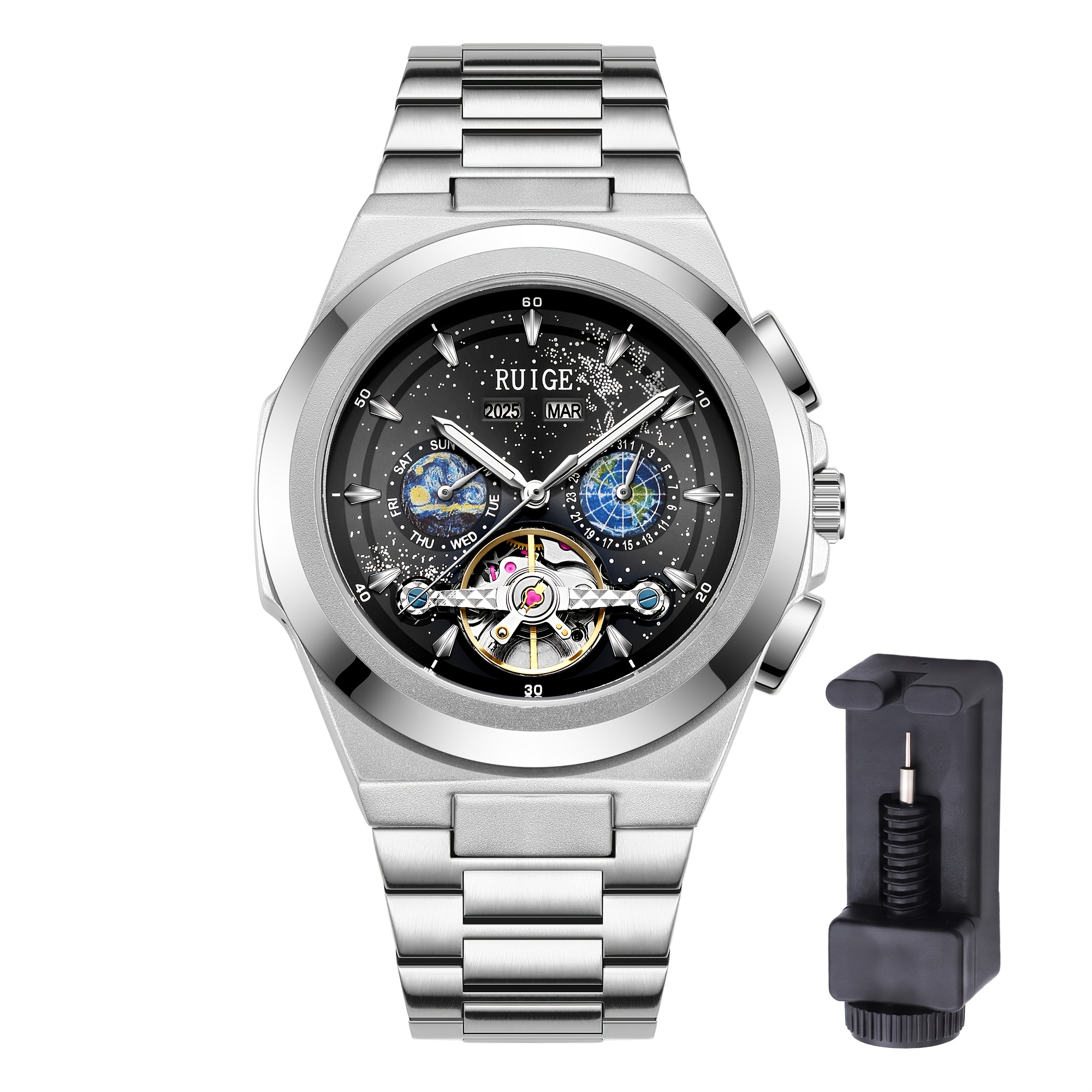 Image of Ruige Men' Mechanical Watch With Stainless Steel Hollow-out Large Dial, Multifunction Display (date/calendar) & Starry Sky Dial - Self-winding Business Wristwatch Suitable For, Casual, - 's Gift