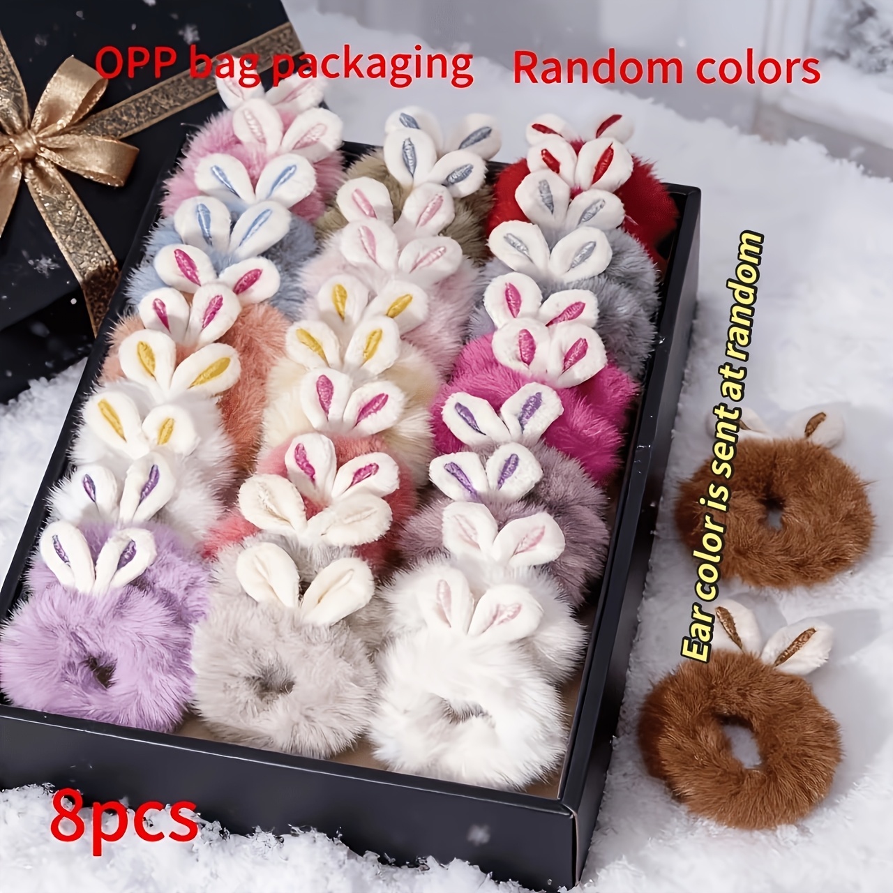 TEMU 8pcs Chouchous Oreilles de Lapin en Peluche Couleurs Aléatoires Automne Hiver Couleurs Bonbons Premium Faux Lapin Élastiques à Cheveux