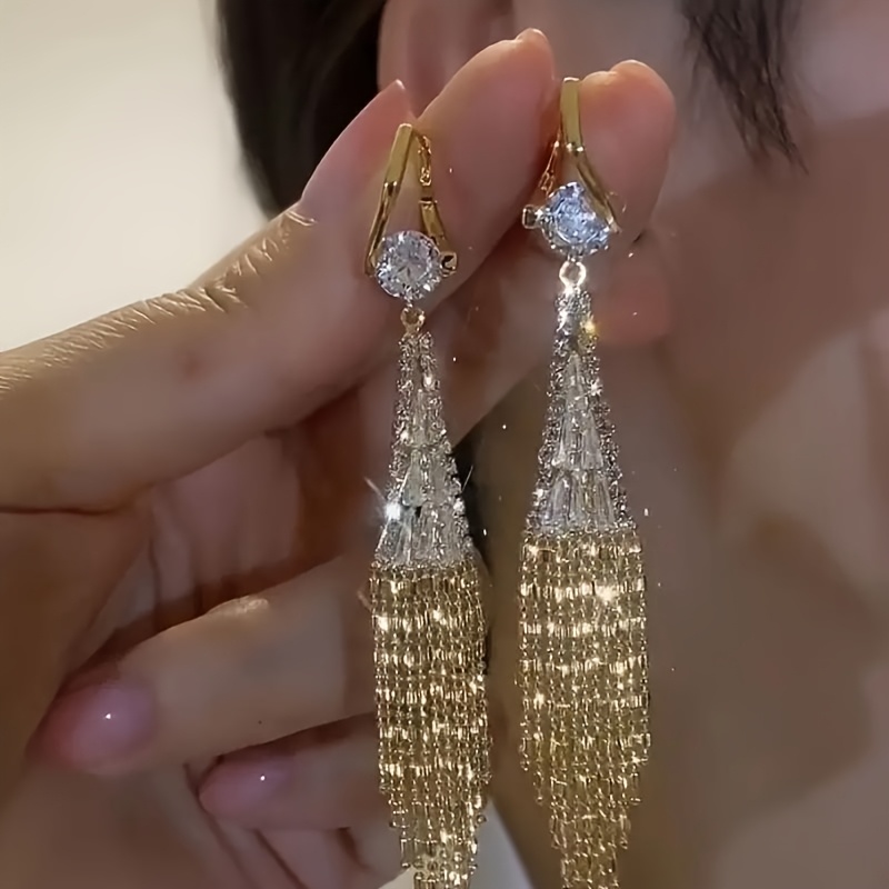 luxurious and exquisite long tassel womens earrings set with sparkling synthetic zirconia   daily wear party accessories and casual date decorations Product details 0