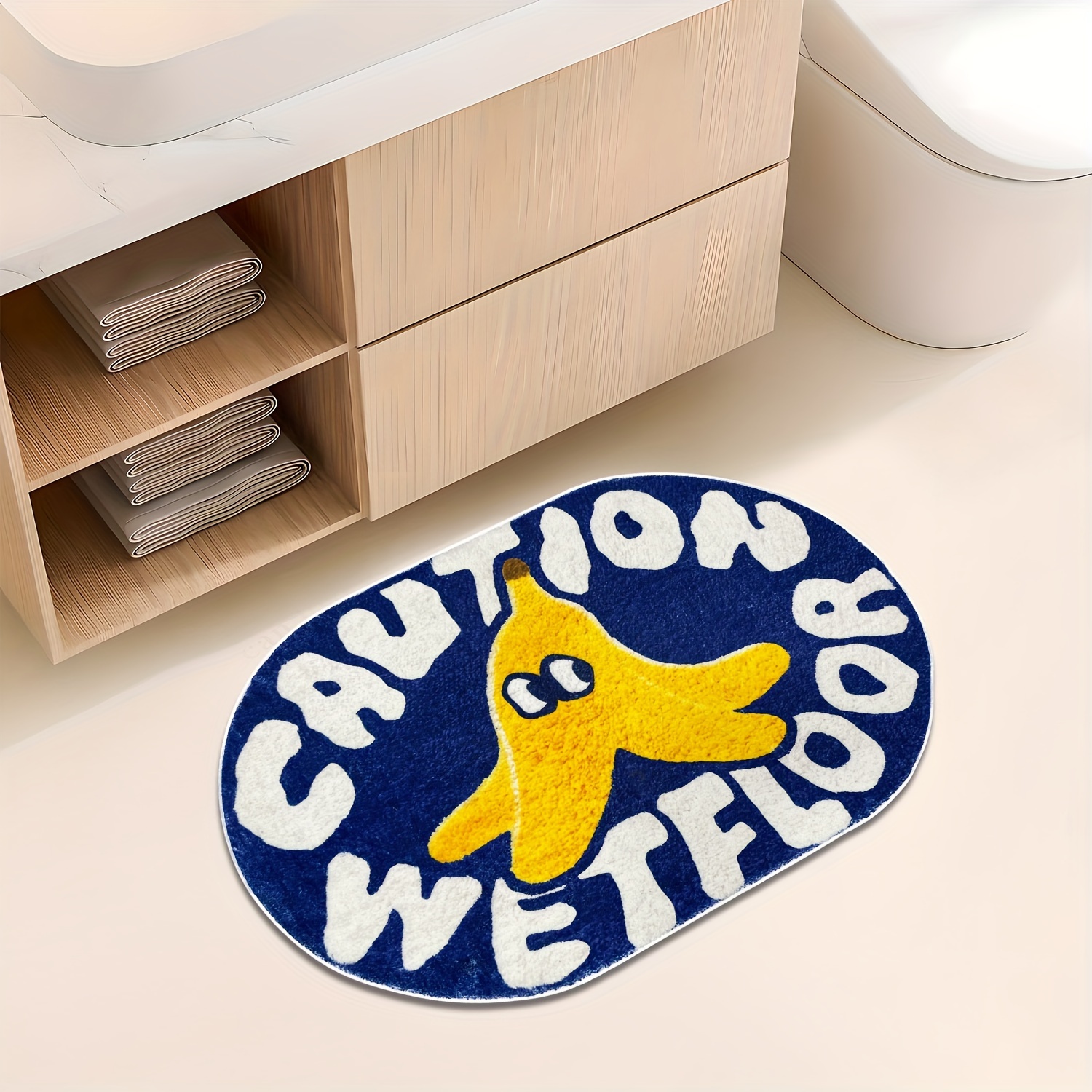 1pc blue cartoon creative caution wet floor carpet soft and comfortable   cashmere material tpr non slip bottom back suitable for bathroom laundry room kitchen washstand creative door mat and other indoor home carpet decoration oval cute   bath rug Product details 3