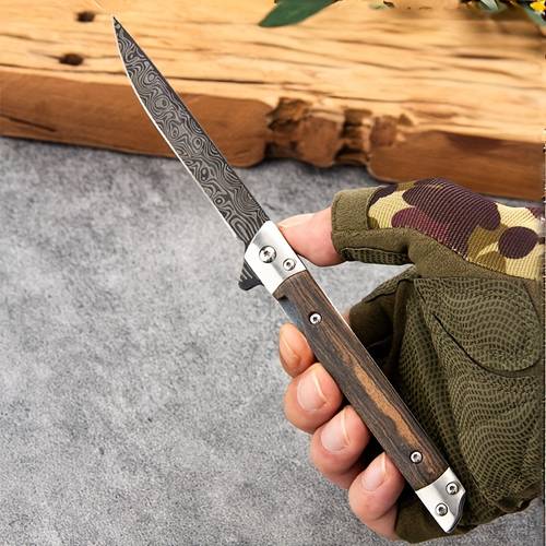 8 5 inch folding knife with scabbard long blade camping pocket knife with wooden handle outdoor survival edc tool for hiking fishing hunting portable knife gift for men