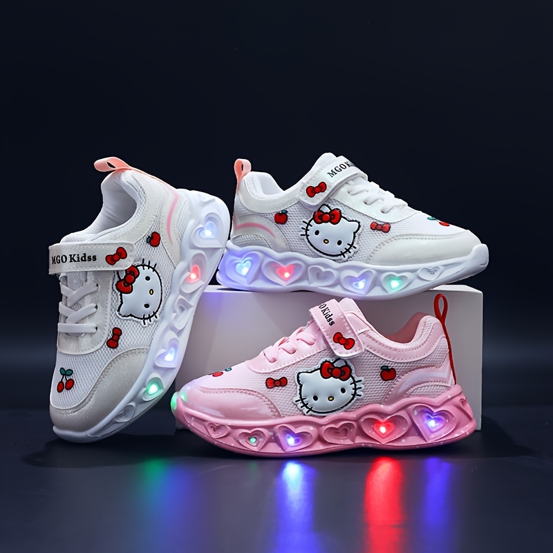 Meisjes Glow-in-the-Dark Sneakers met Verlichting - Roze & Witte Kitty Design, Zachte EVA Gevoerde Binnenzool & Duurzame PVC Zool, Ademend Mesh & Stof