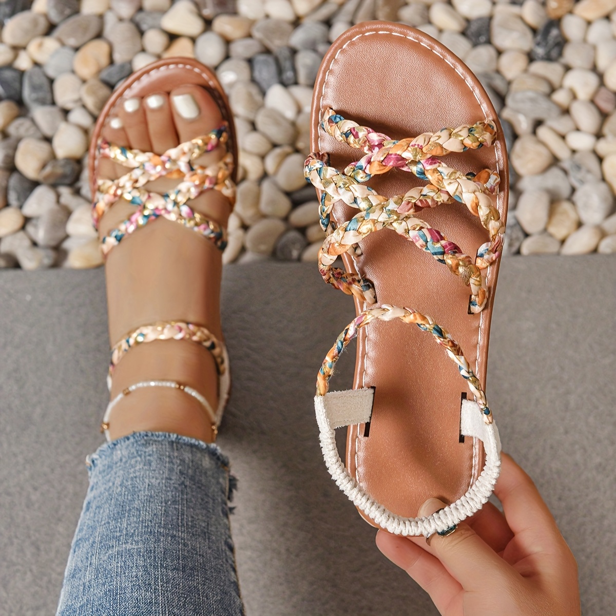 bohemian style korean version casual flat slip on womens shoes summer outdoor open toe sandals   summer autumn woven   summer womens sandals fashionable french style womens shoes for wearing with skirts outdoor beach